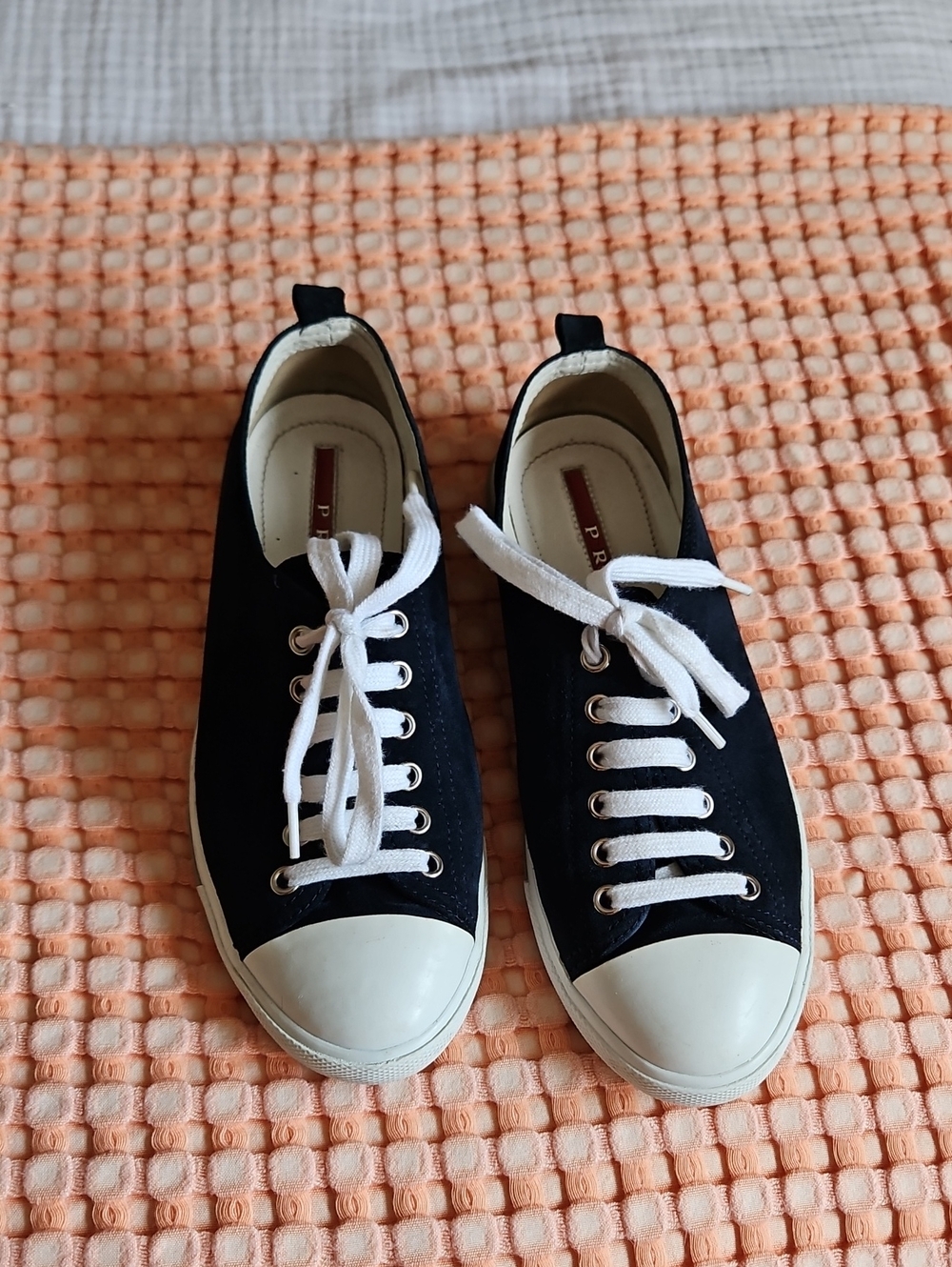 Prada Navy Blue Canvas Women's Sneakers with White Toe Cap and Laces